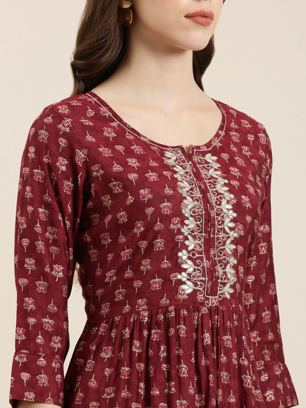 Women's Maroon Floral Printed Thread Work A-Line Kurta
