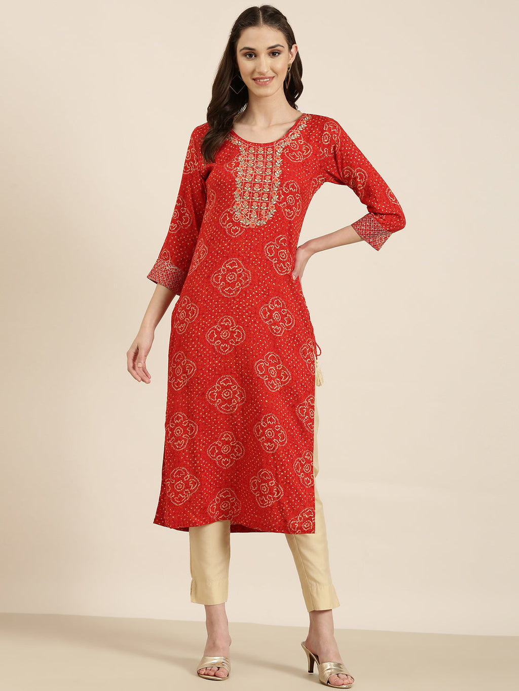 Women's Red Ethnic Motif Printed Thread Work Straight Kurta