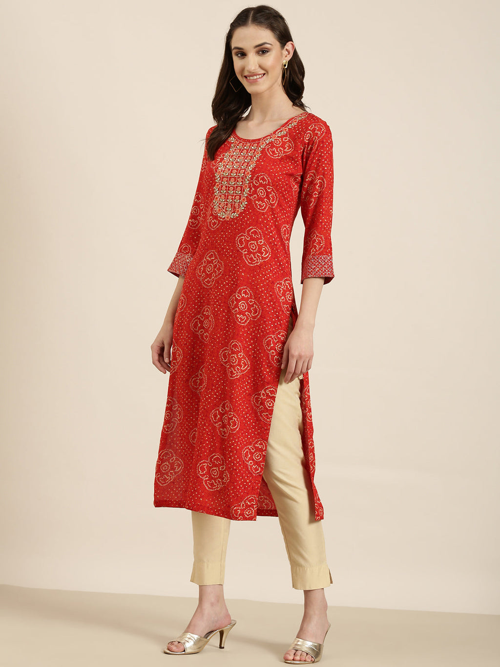 Women's Red Ethnic Motif Printed Thread Work Straight Kurta