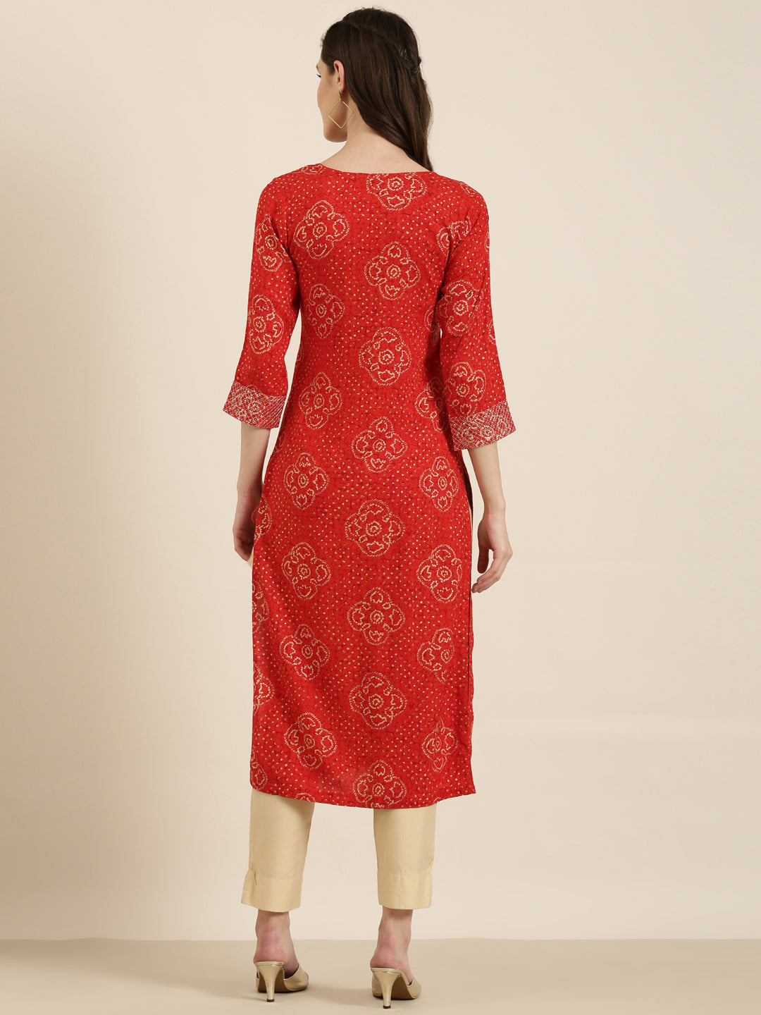 Women's Red Ethnic Motif Printed Thread Work Straight Kurta