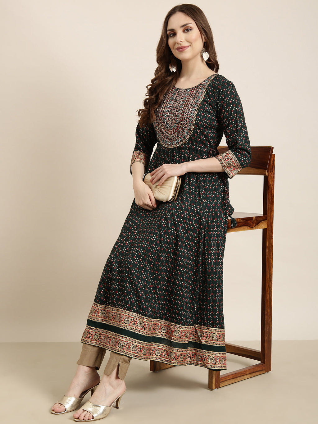 Women's Anarkali Green Ethnic Motifs Kurta