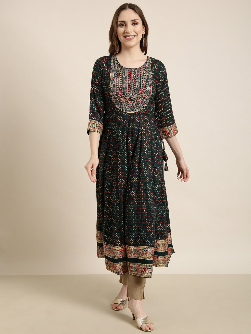 Women's Anarkali Green Ethnic Motifs Kurta