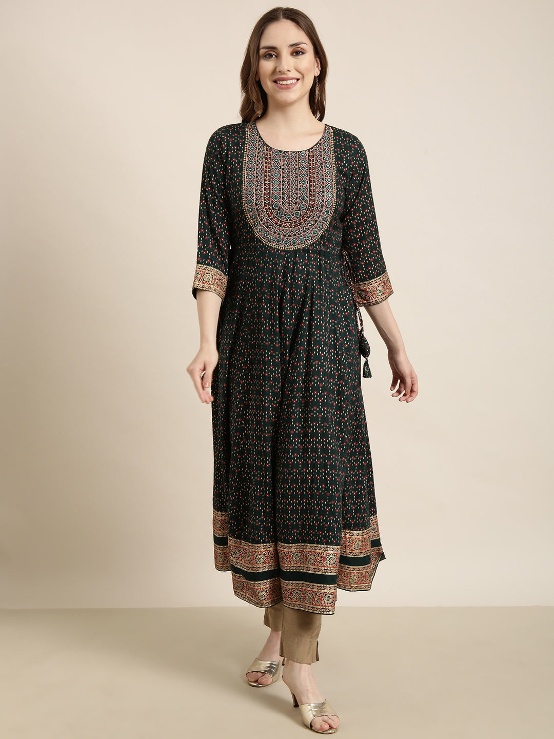 Women's Anarkali Green Ethnic Motifs Kurta