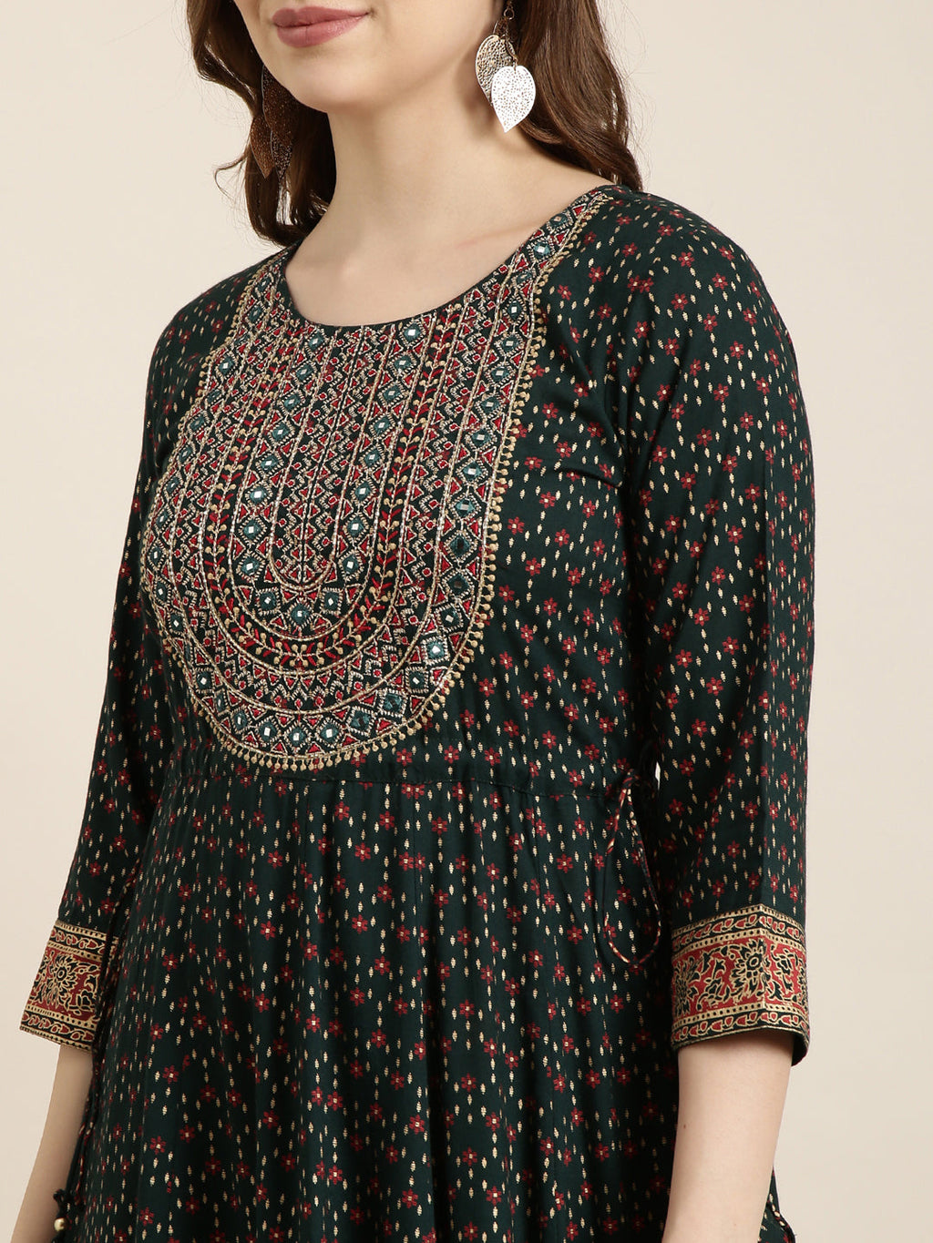 Women's Anarkali Green Ethnic Motifs Kurta