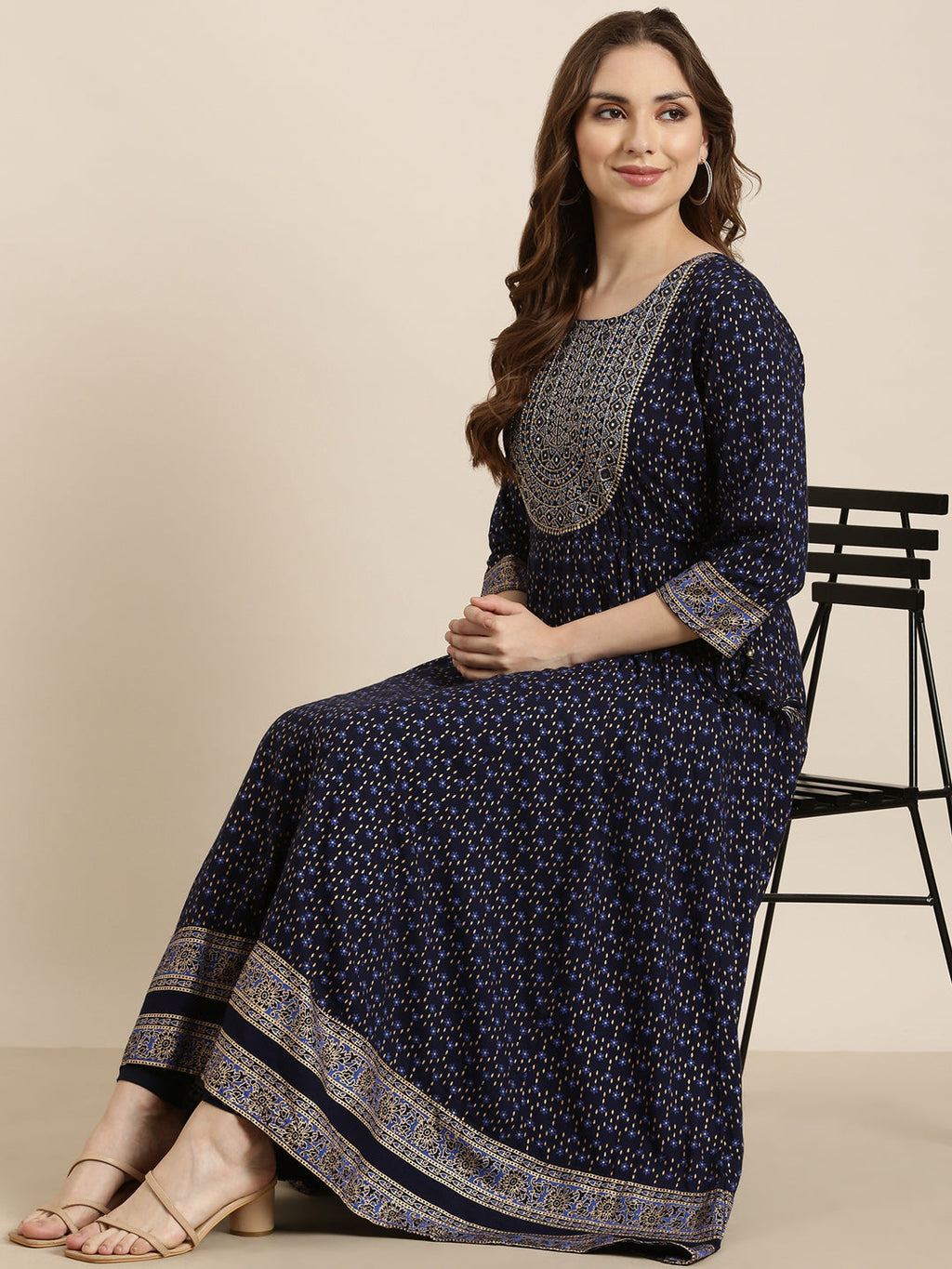 Women's Anarkali Floral Navy Blue Kurta