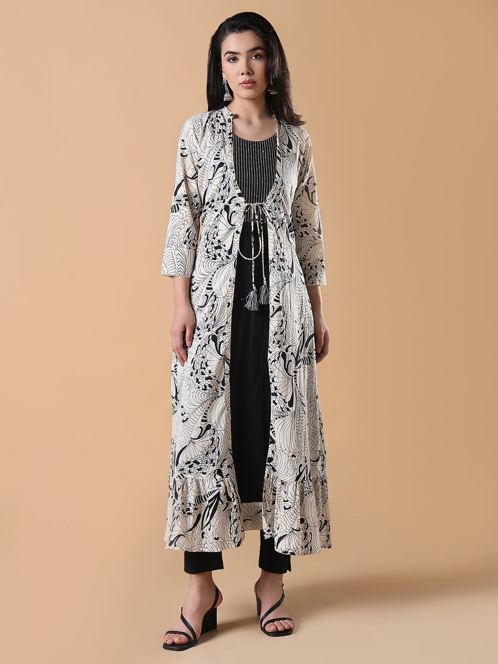 Women's Black Solid Cotton Anarkali Kurta with Shrug