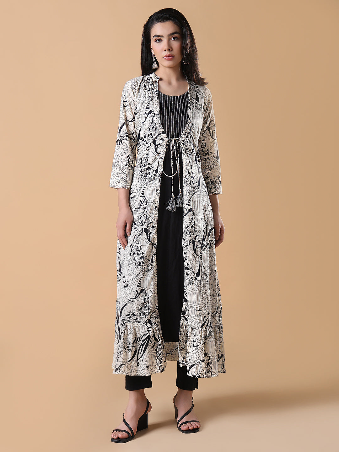 Women's Black Solid Cotton Anarkali Kurta with Shrug