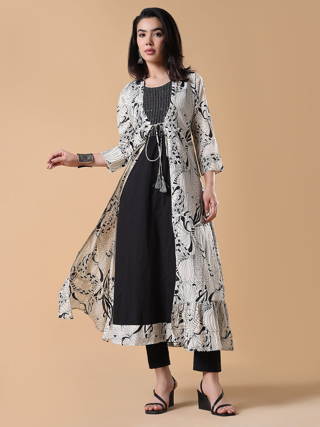 Women's Black Solid Cotton Anarkali Kurta with Shrug