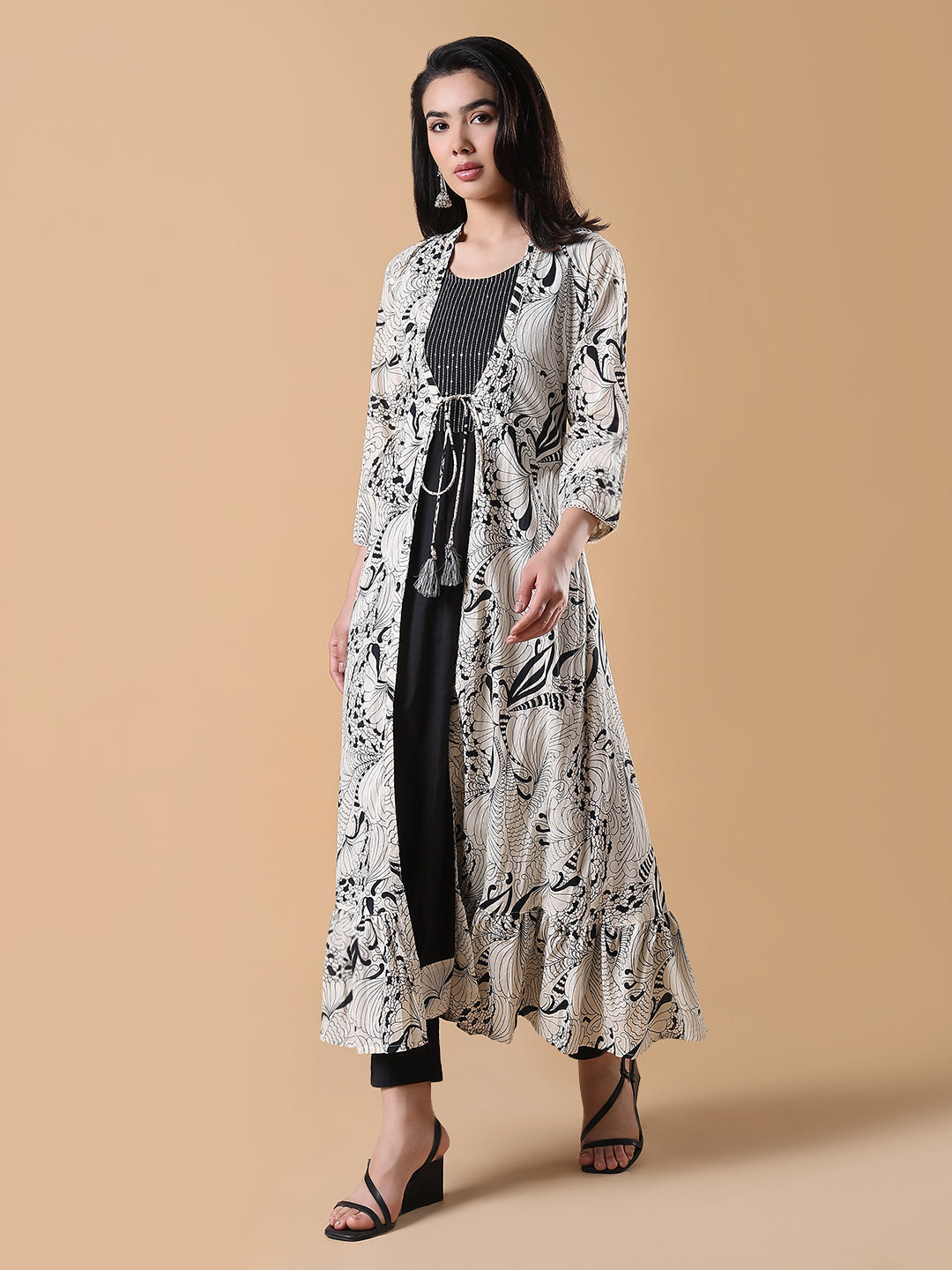 Women's Black Solid Cotton Anarkali Kurta with Shrug