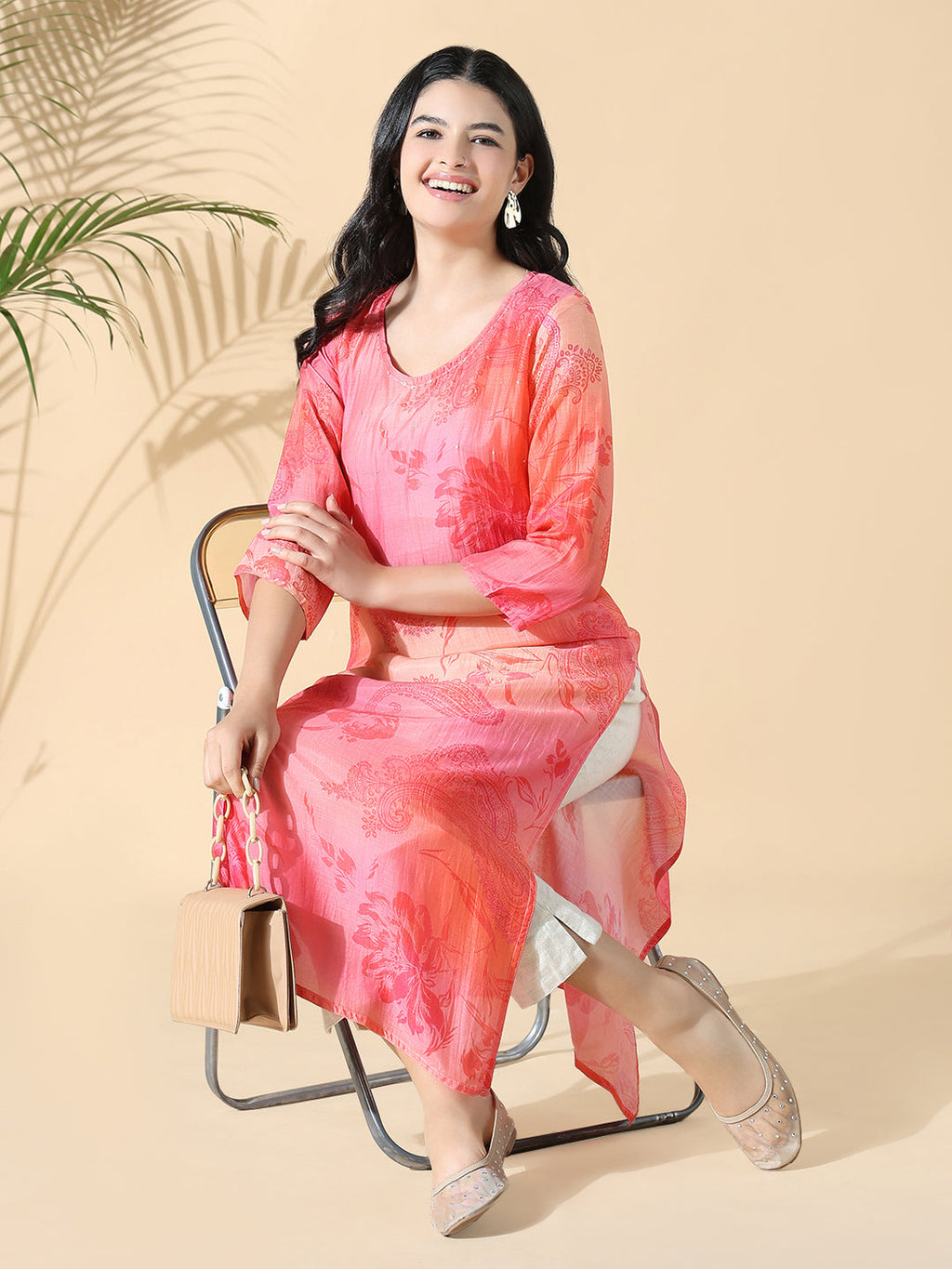 Women's Pink Floral Cotton Straight Kurta