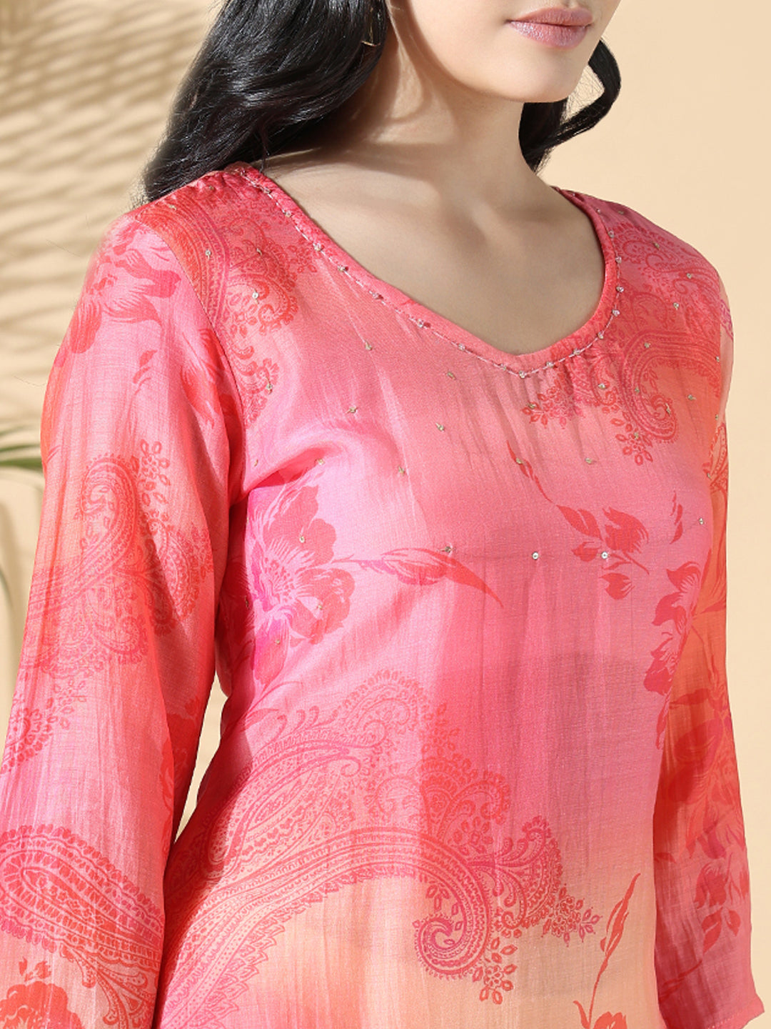 Women's Pink Floral Cotton Straight Kurta