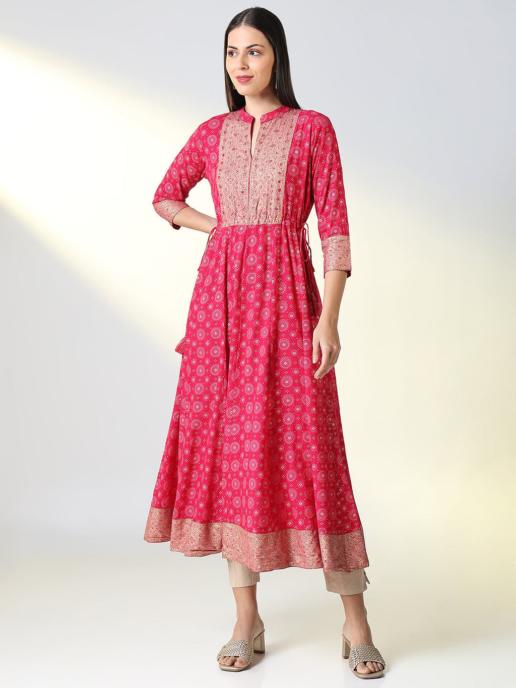 Women's Pink Ethnic Motifs A Line Kurta
