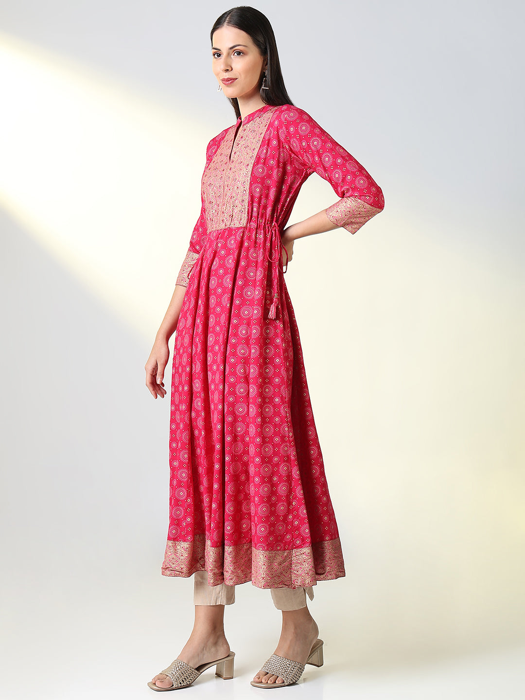Women's Pink Ethnic Motifs A Line Kurta