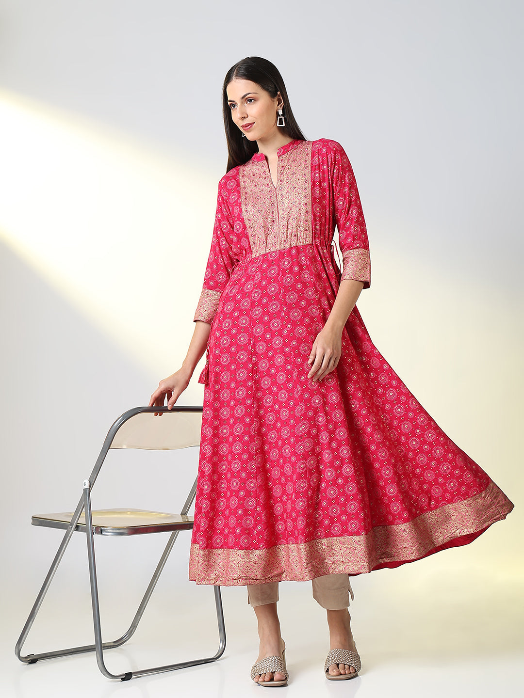 Women's Pink Ethnic Motifs A Line Kurta