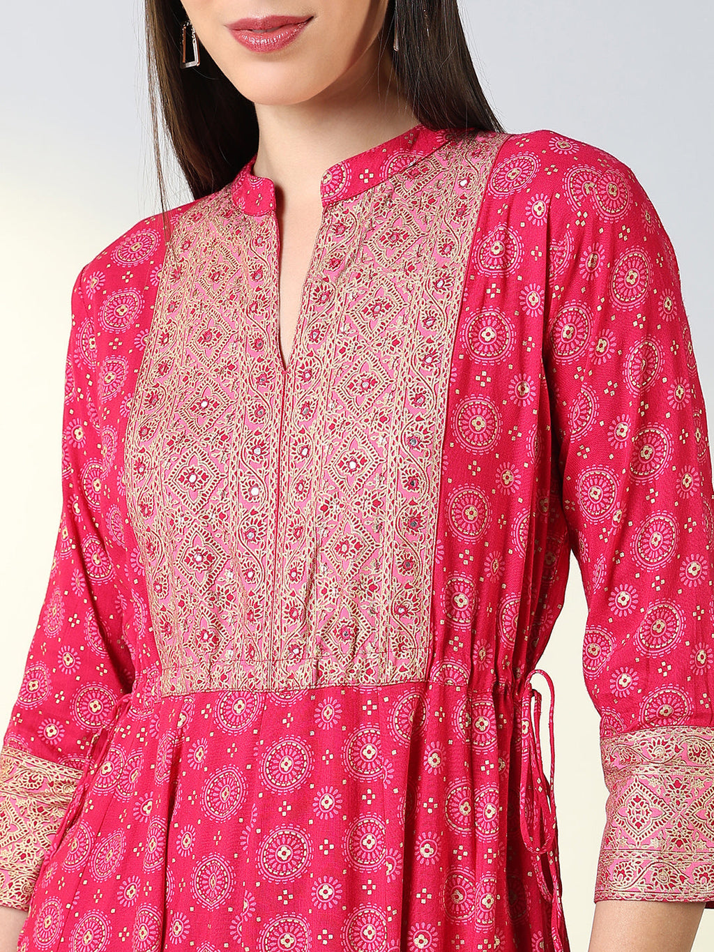 Women's Pink Ethnic Motifs A Line Kurta