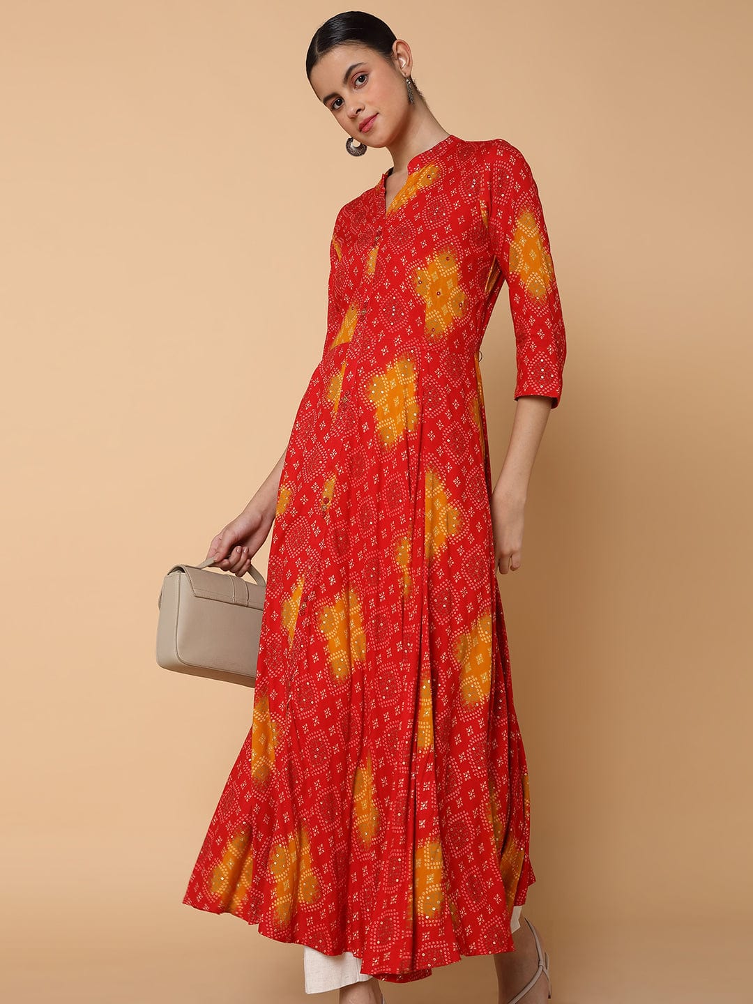 Women's Anarkali Empire Red Bandhani Kurta