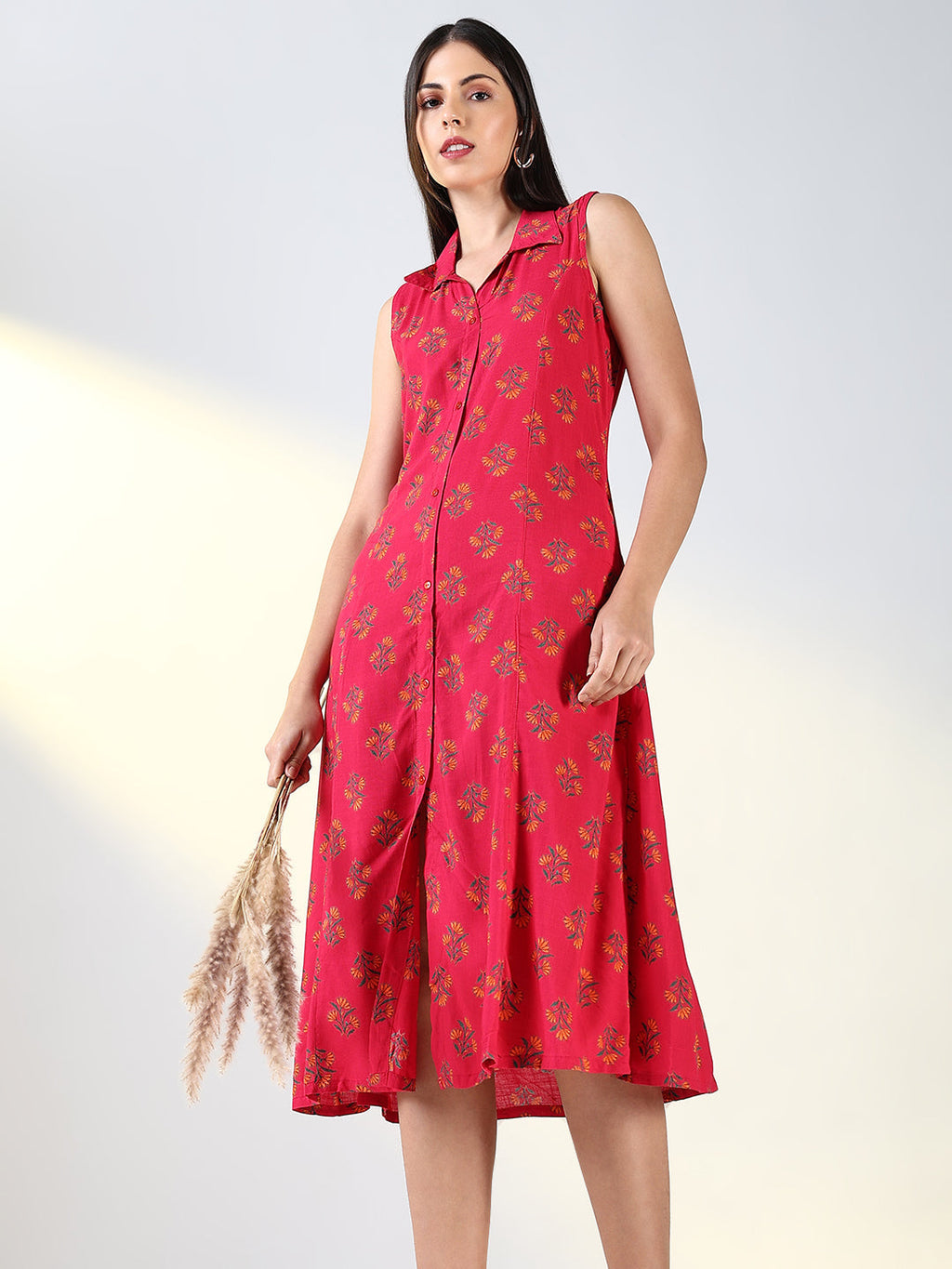 Women's Pink Floral Printed A-Line Midi Dress