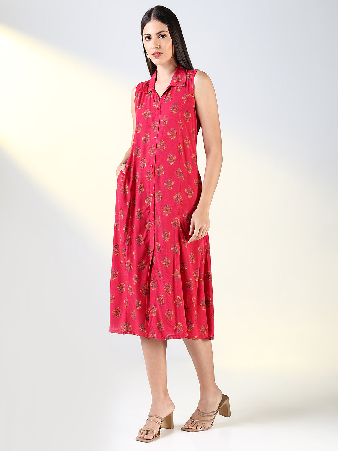 Women's Pink Floral Printed A-Line Midi Dress