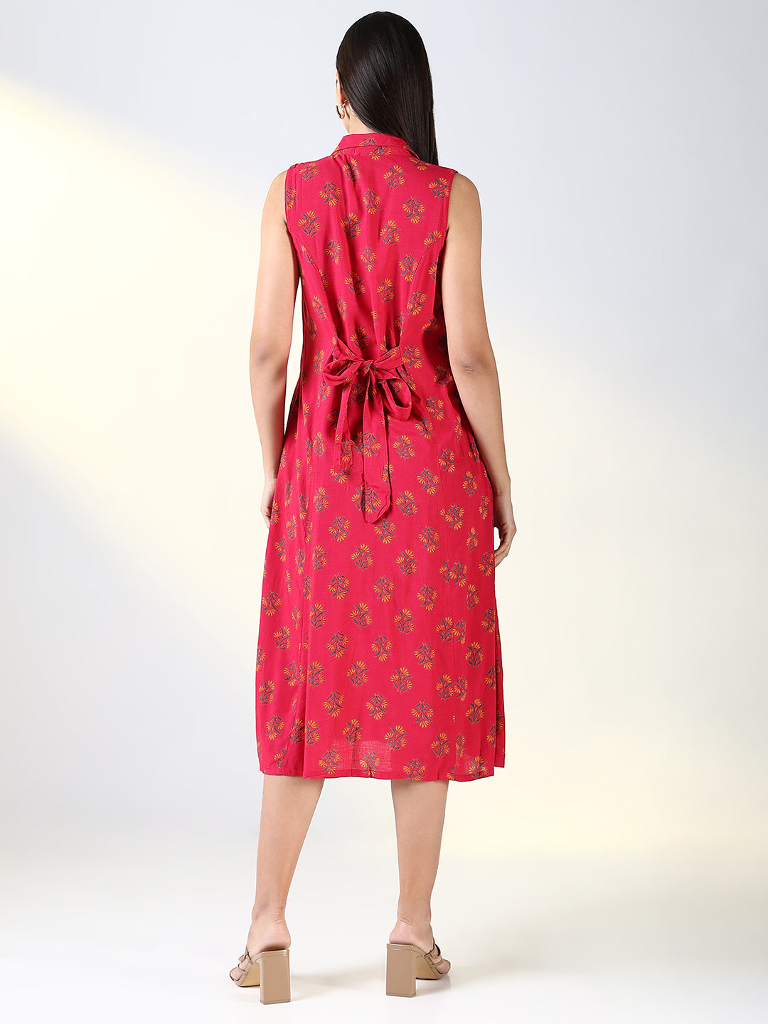 Women's Pink Floral Printed A-Line Midi Dress