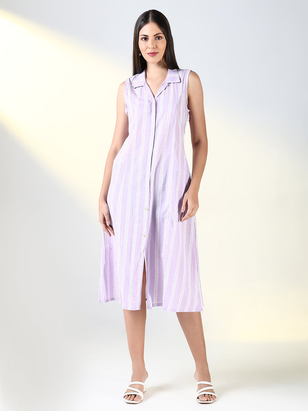 Women's Purple Striped A-Line Midi Dress