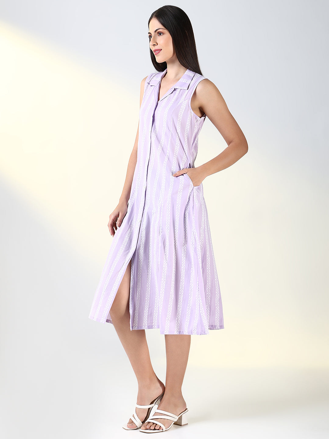 Women's Purple Striped A-Line Midi Dress