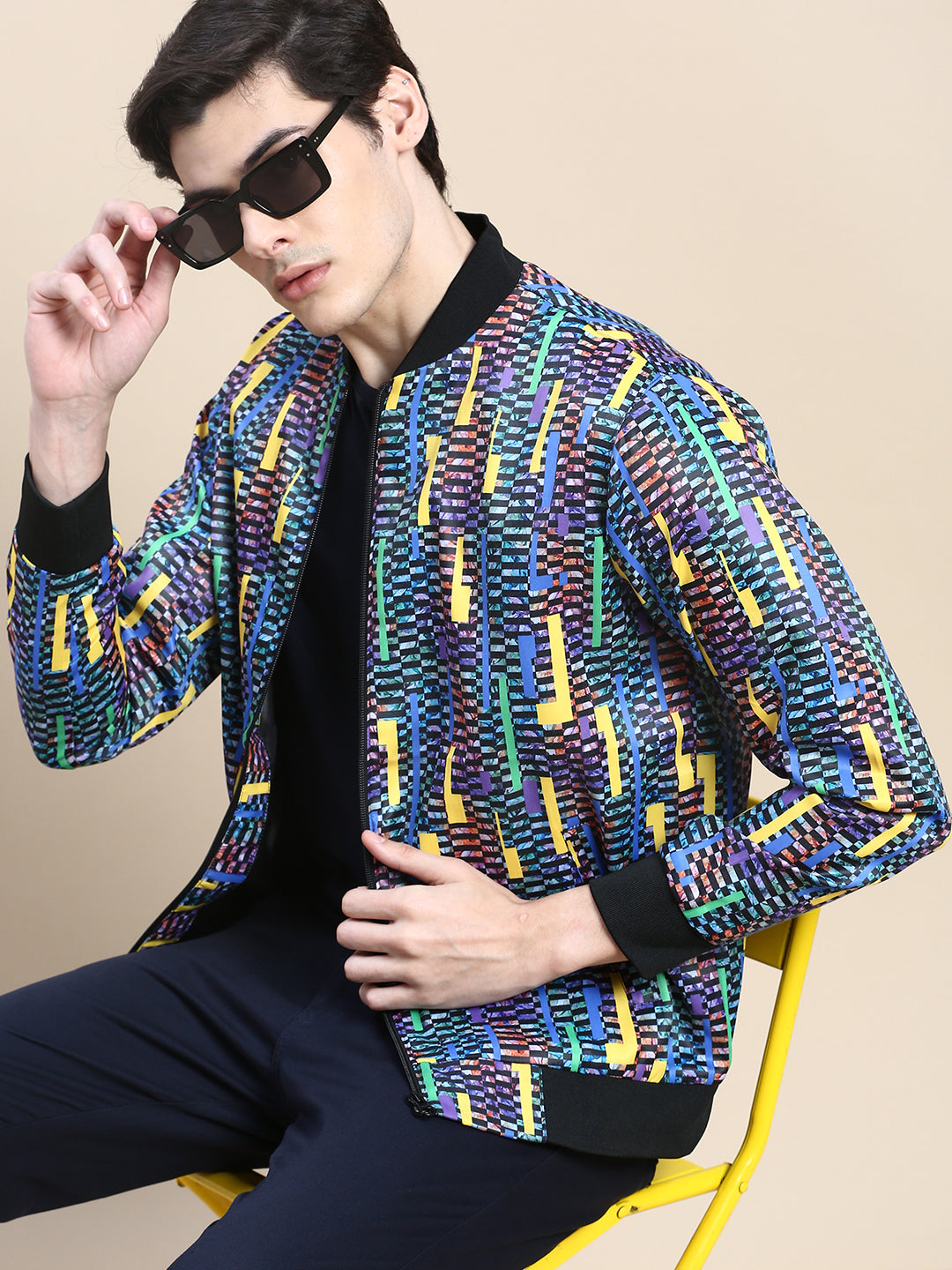 Men's Blue Geometric Printed Bomber Jacket