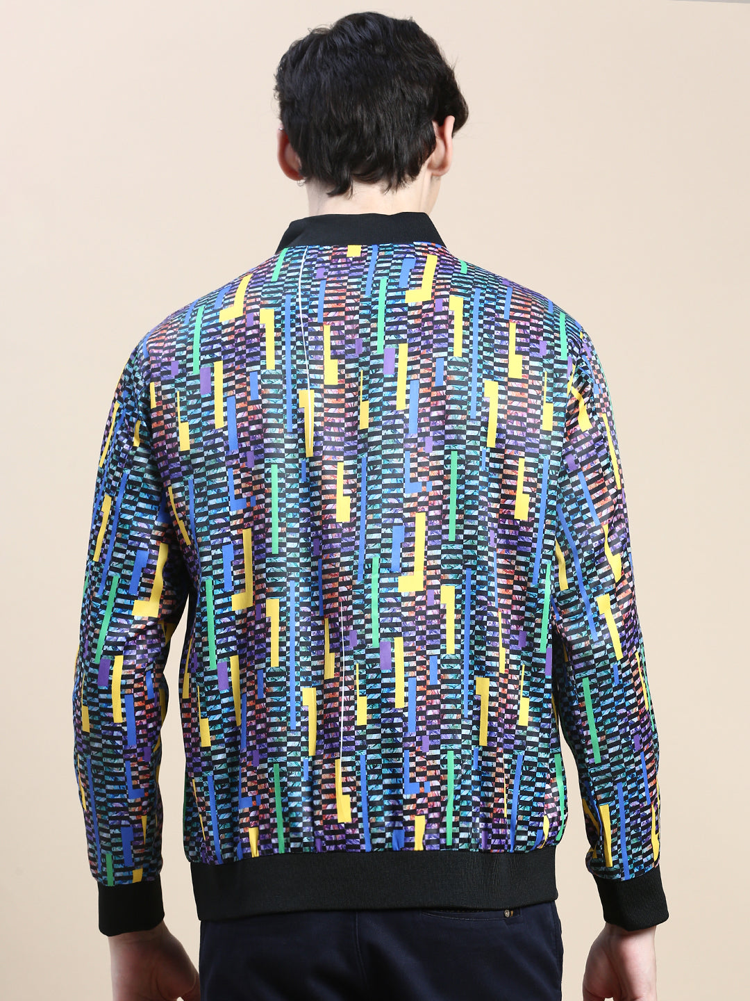 Men's Blue Geometric Printed Bomber Jacket
