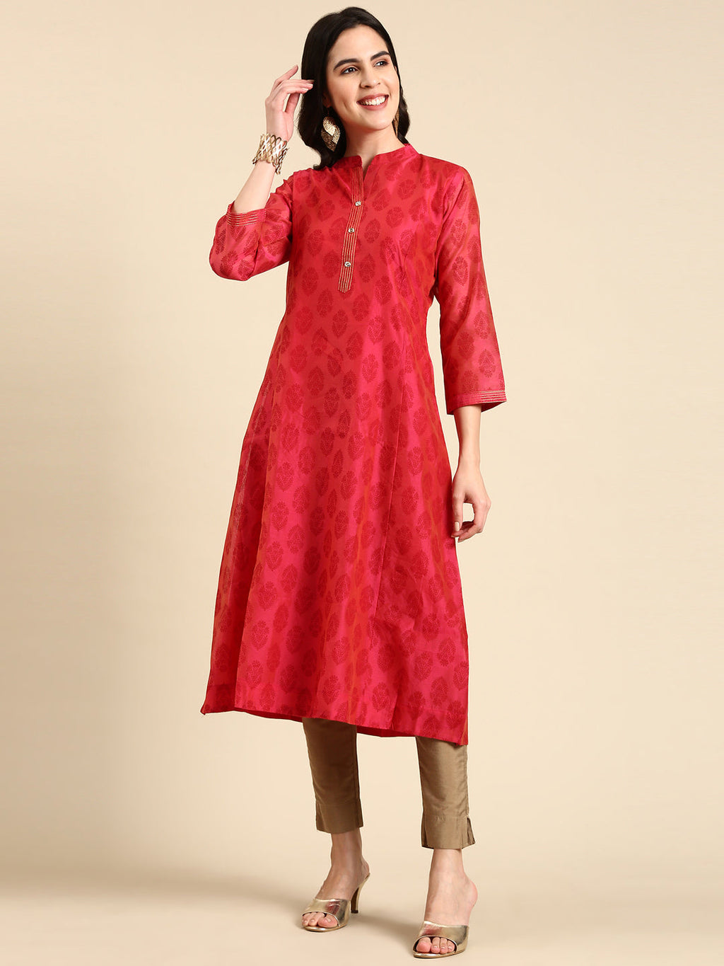 Women's Pink Mandarin Collar Ethnic Printed A-Line Kurta