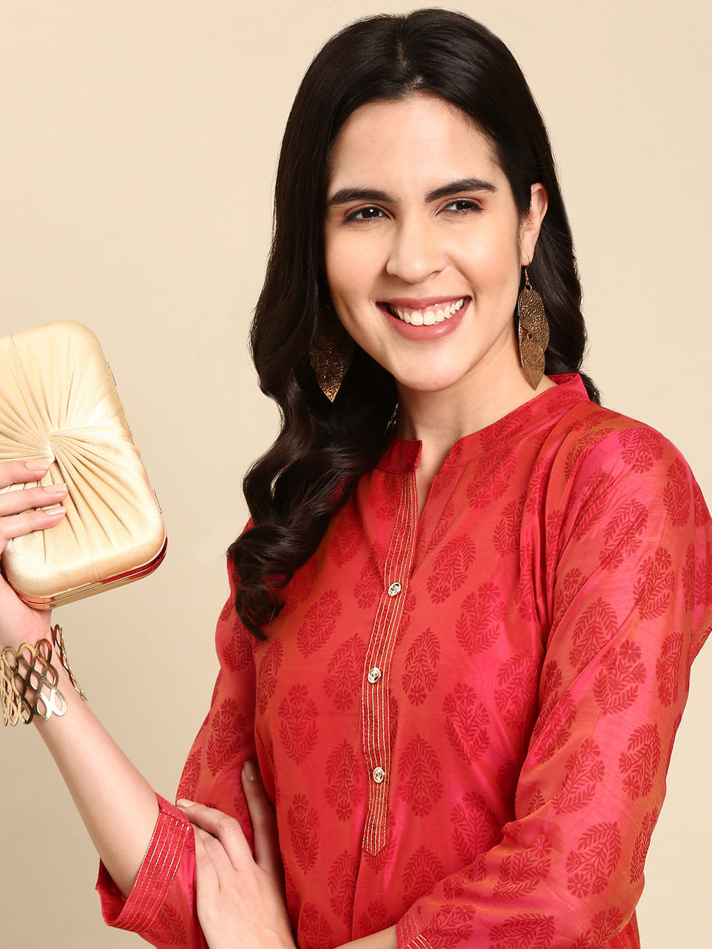 Women's Pink Mandarin Collar Ethnic Printed A-Line Kurta