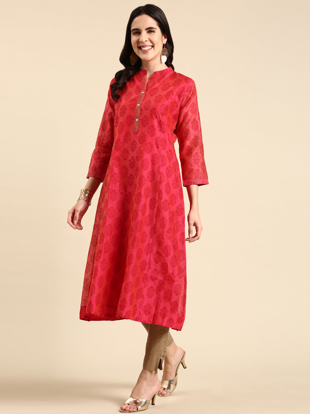 Women's Pink Mandarin Collar Ethnic Printed A-Line Kurta