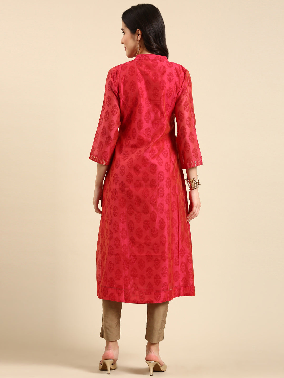 Women's Pink Mandarin Collar Ethnic Printed A-Line Kurta