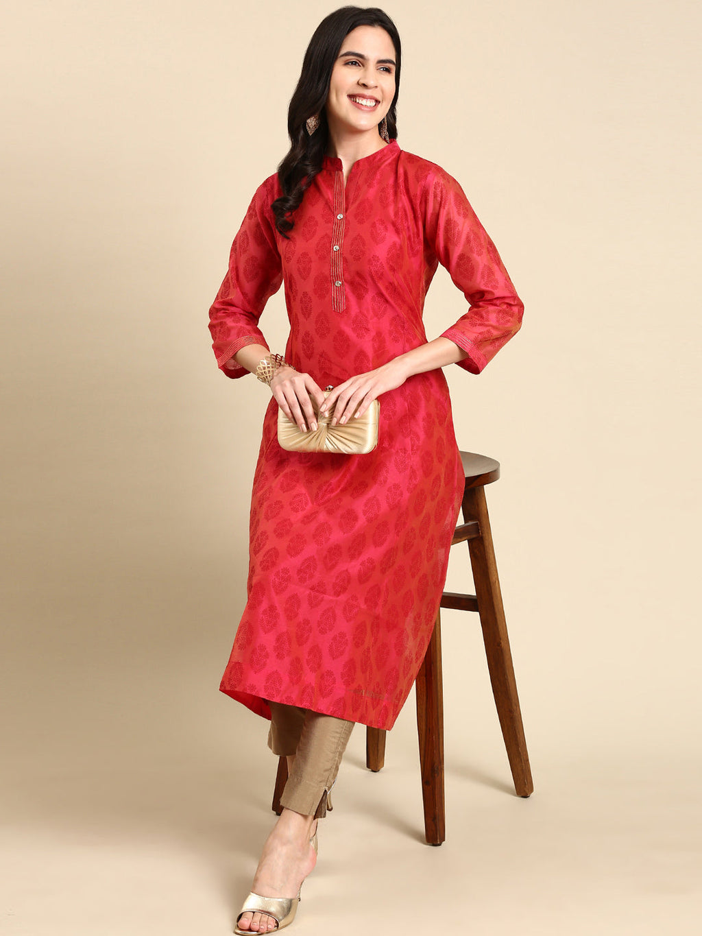 Women's Pink Mandarin Collar Ethnic Printed A-Line Kurta