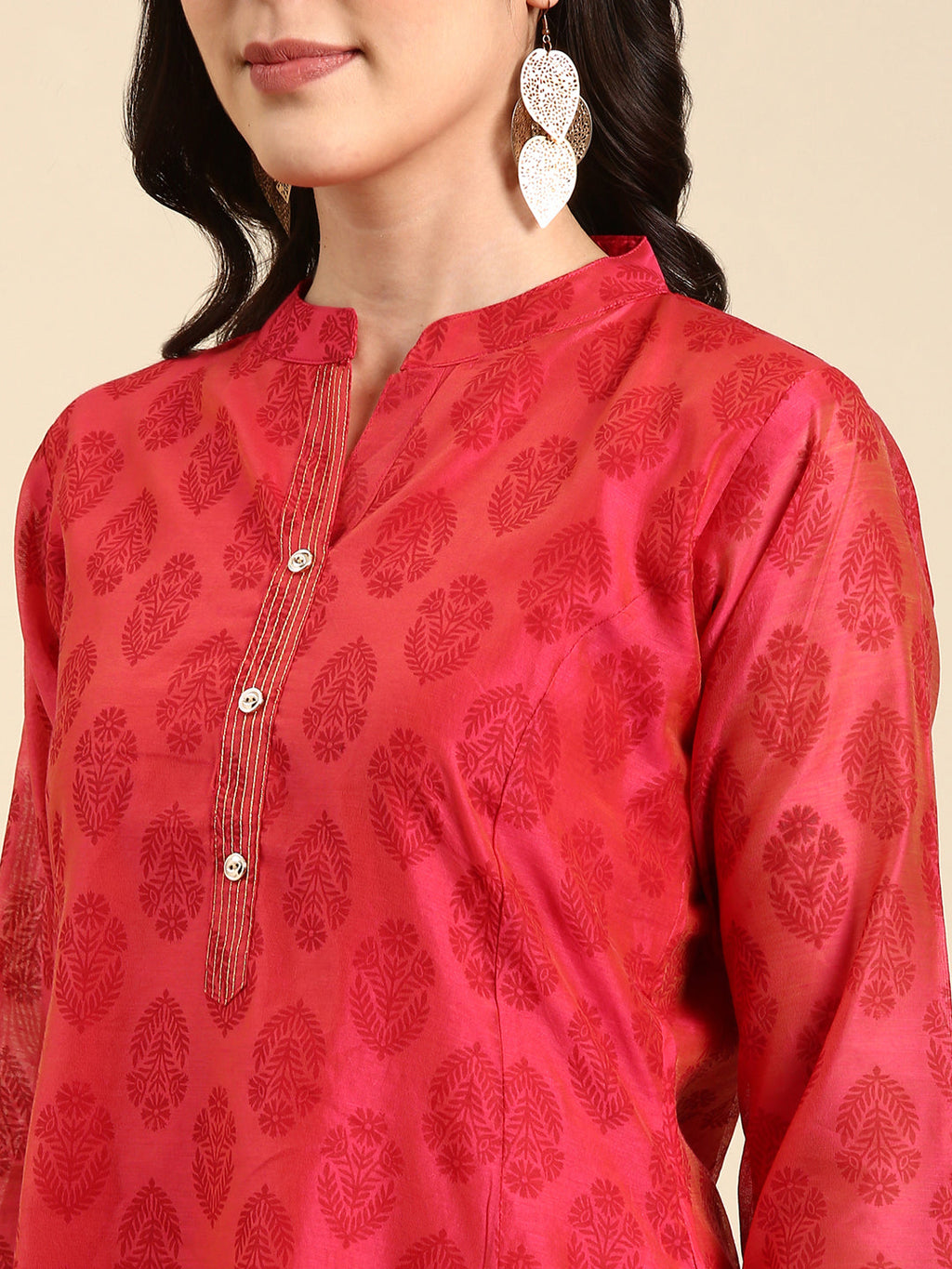 Women's Pink Mandarin Collar Ethnic Printed A-Line Kurta