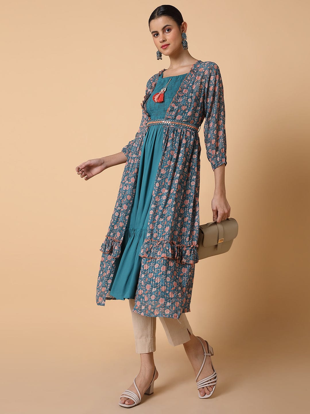 Women's Straight Turquoise Blue Solid Kurta with Shrug
