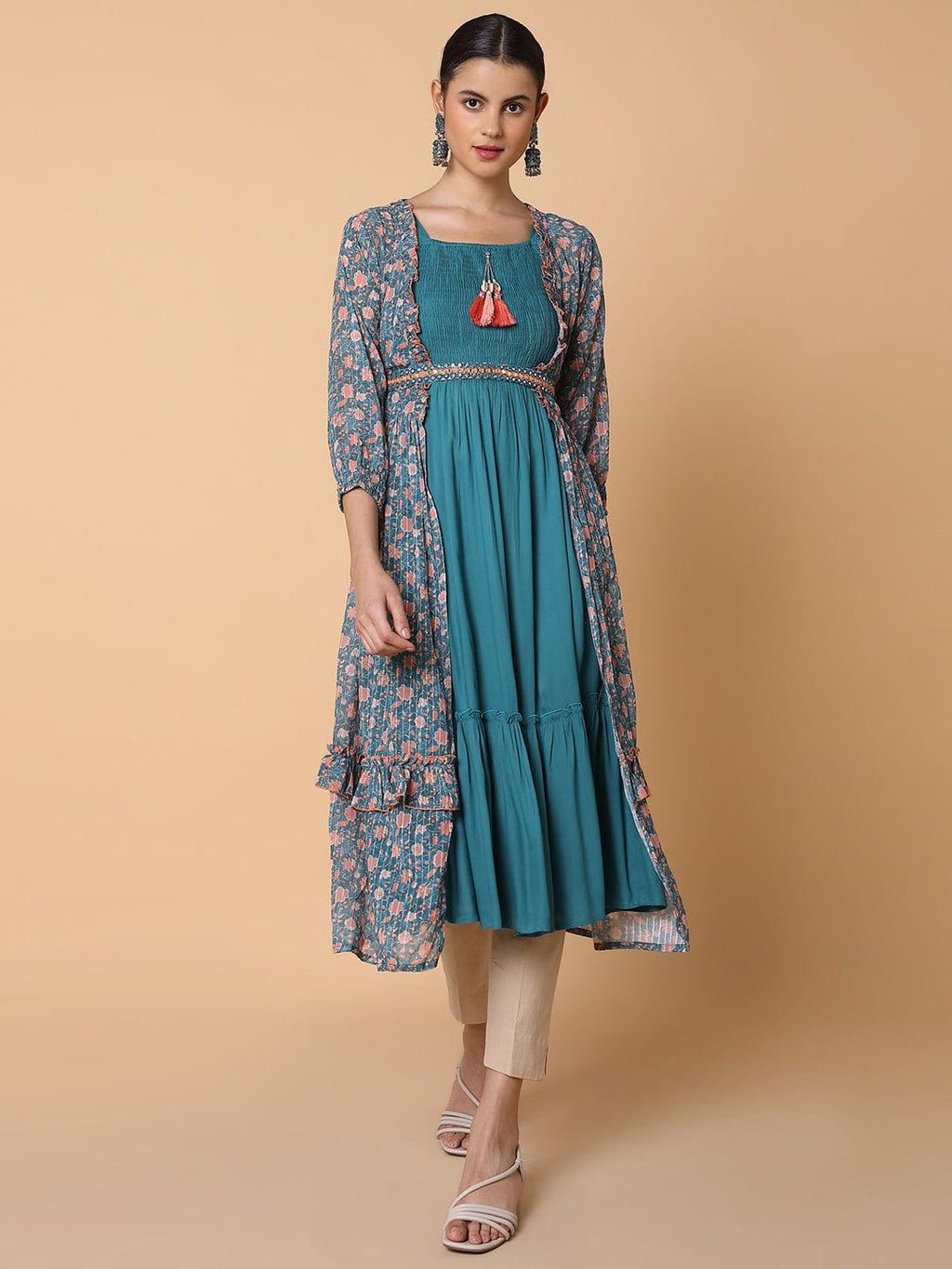 Women's Straight Turquoise Blue Solid Kurta with Shrug