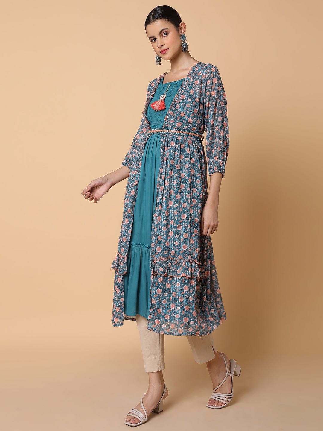 Women's Straight Turquoise Blue Solid Kurta with Shrug