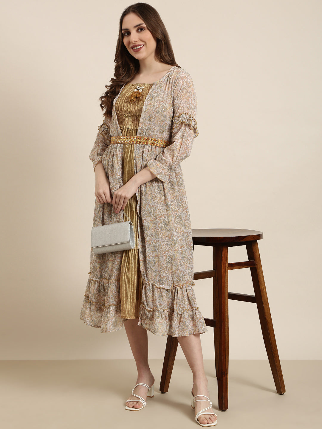 Women's Olive Floral Fit And Flare Dress With Over Coat