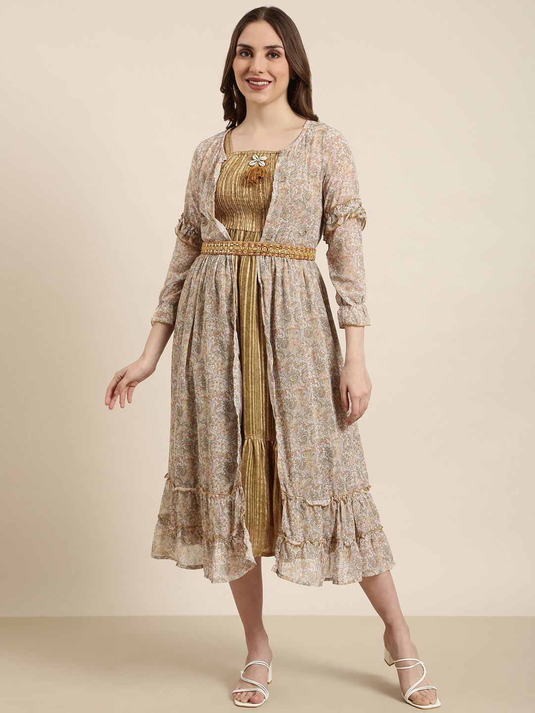 Women's Olive Floral Fit And Flare Dress With Over Coat