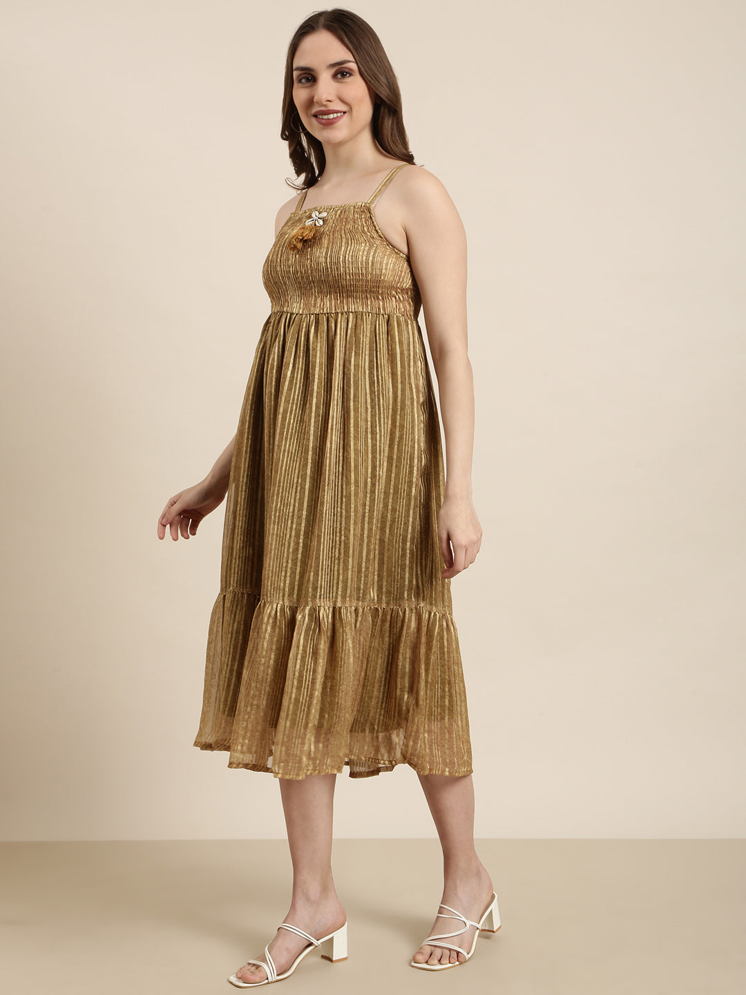 Women's Olive Floral Fit And Flare Dress With Over Coat