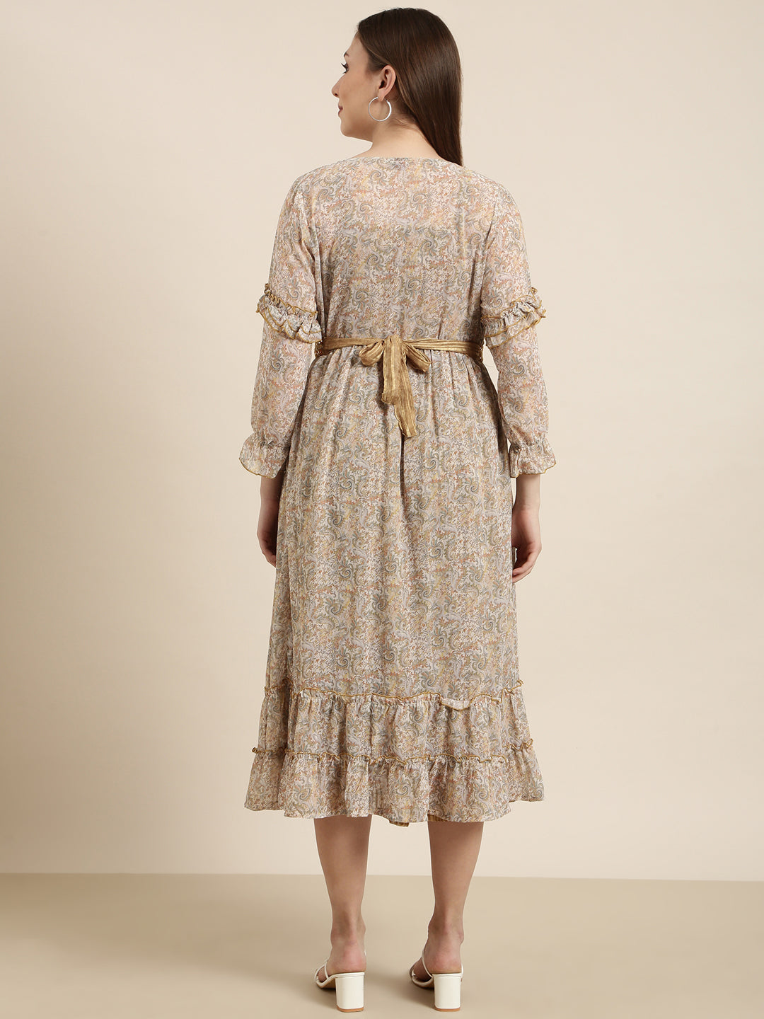 Women's Olive Floral Fit And Flare Dress With Over Coat