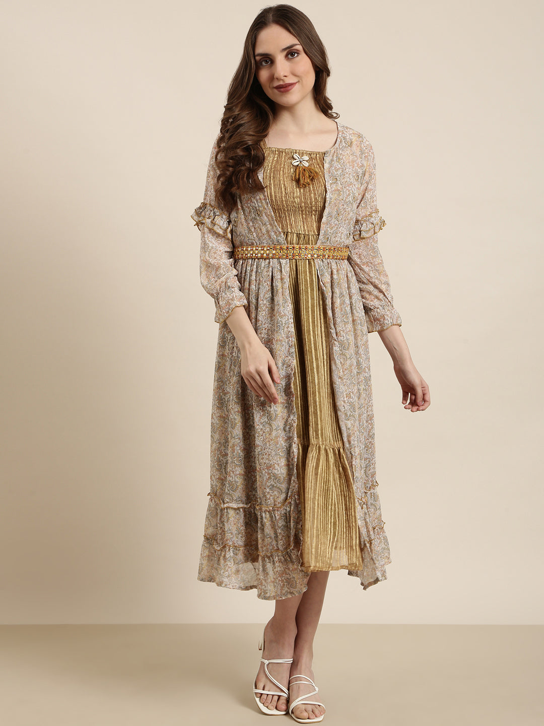 Women's Olive Floral Fit And Flare Dress With Over Coat