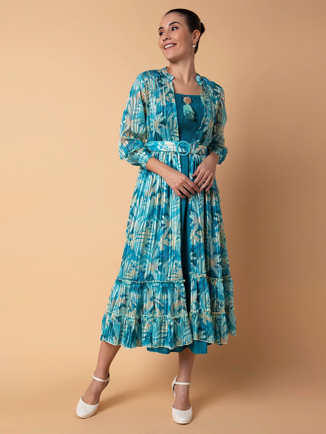 Women's Solid Turquoise Blue Midi Fit and Flare Dress with Shrug and Belt