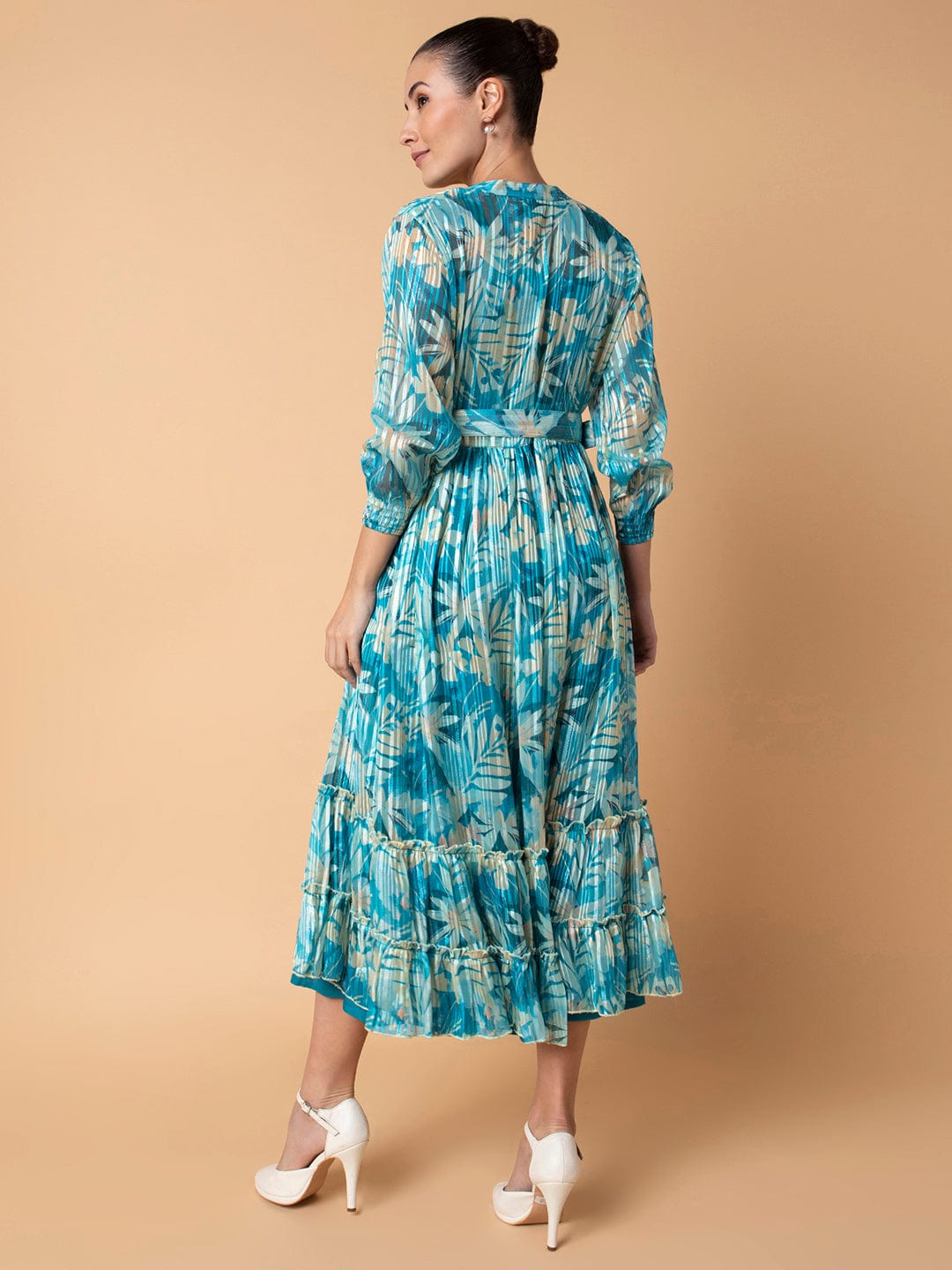 Women's Solid Turquoise Blue Midi Fit and Flare Dress with Shrug and Belt