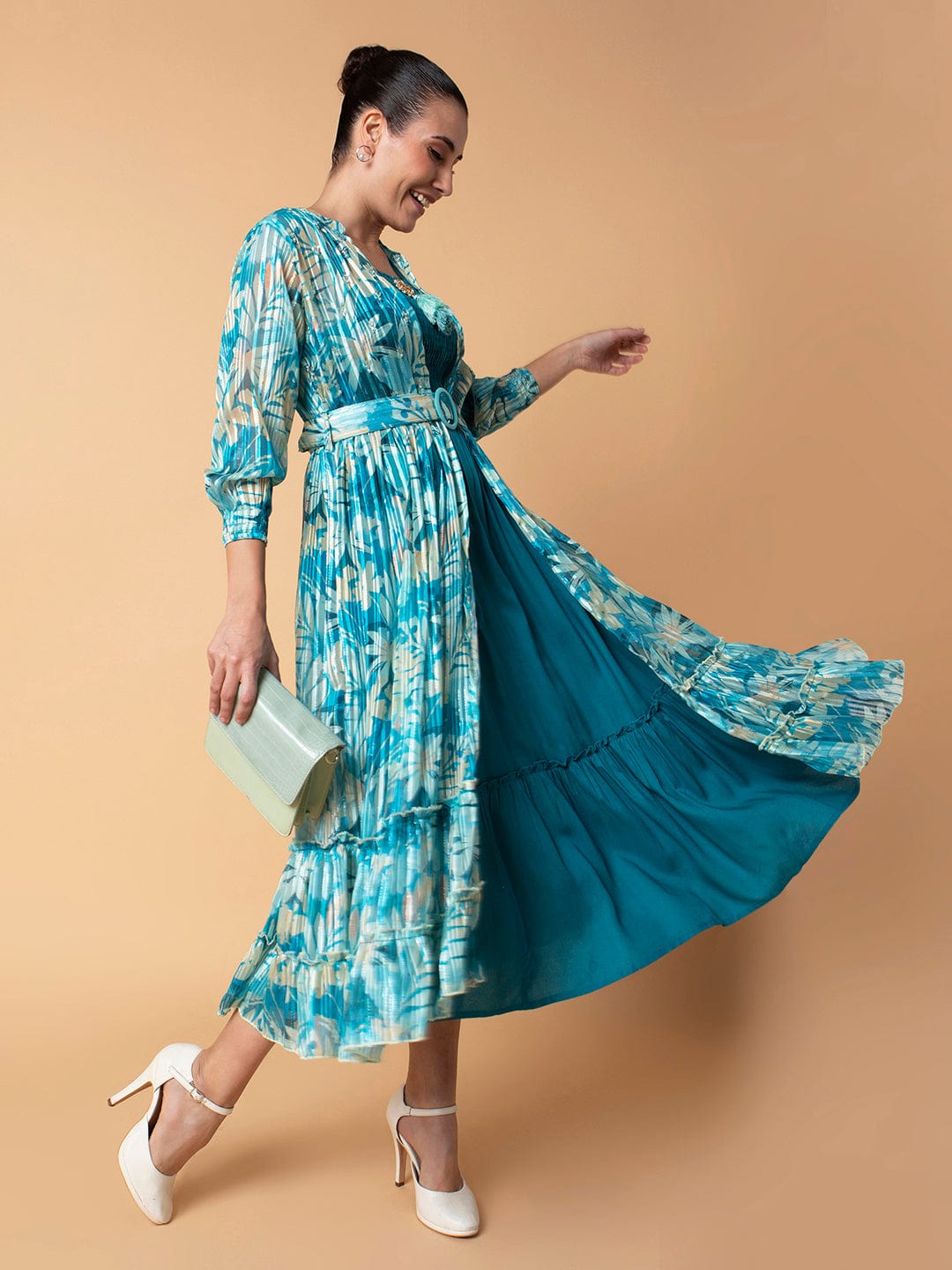 Women's Solid Turquoise Blue Midi Fit and Flare Dress with Shrug and Belt