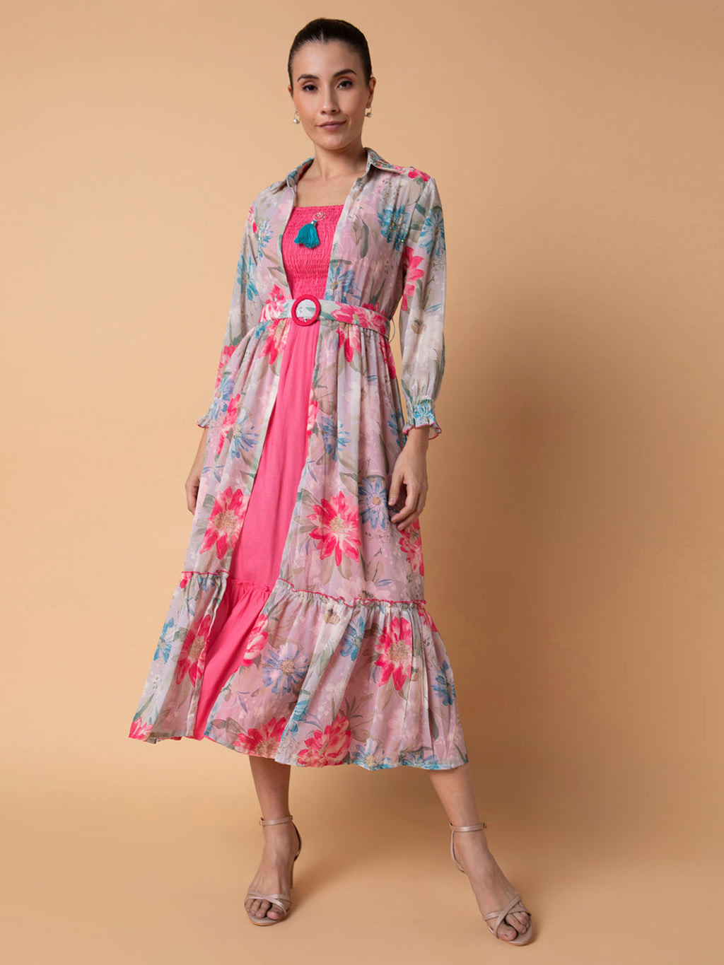Women's Pink Floral Printed Fit & Flare Midi Dress with Shrug and Belt