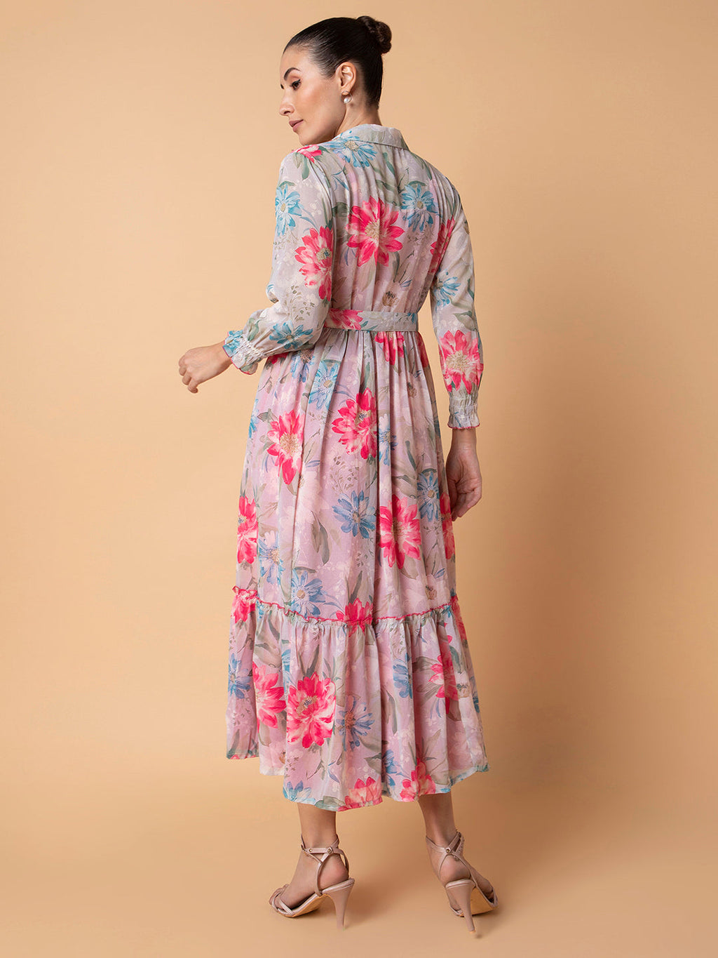 Women's Pink Floral Printed Fit & Flare Midi Dress with Shrug and Belt