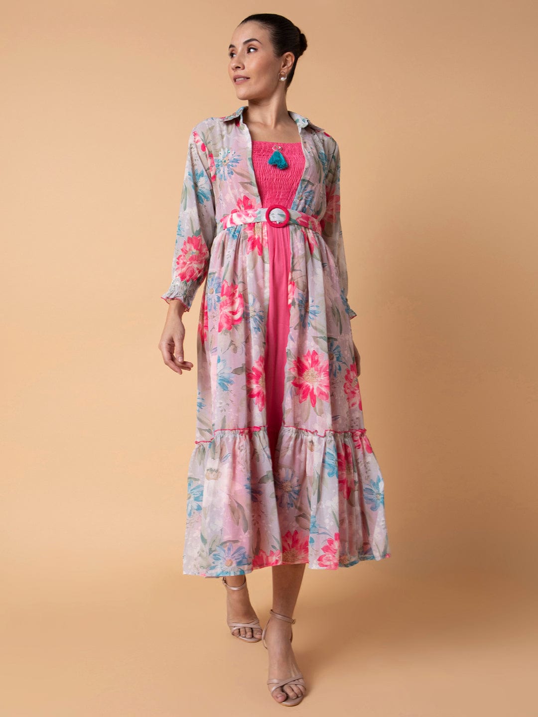 Women's Pink Floral Printed Fit & Flare Midi Dress with Shrug and Belt