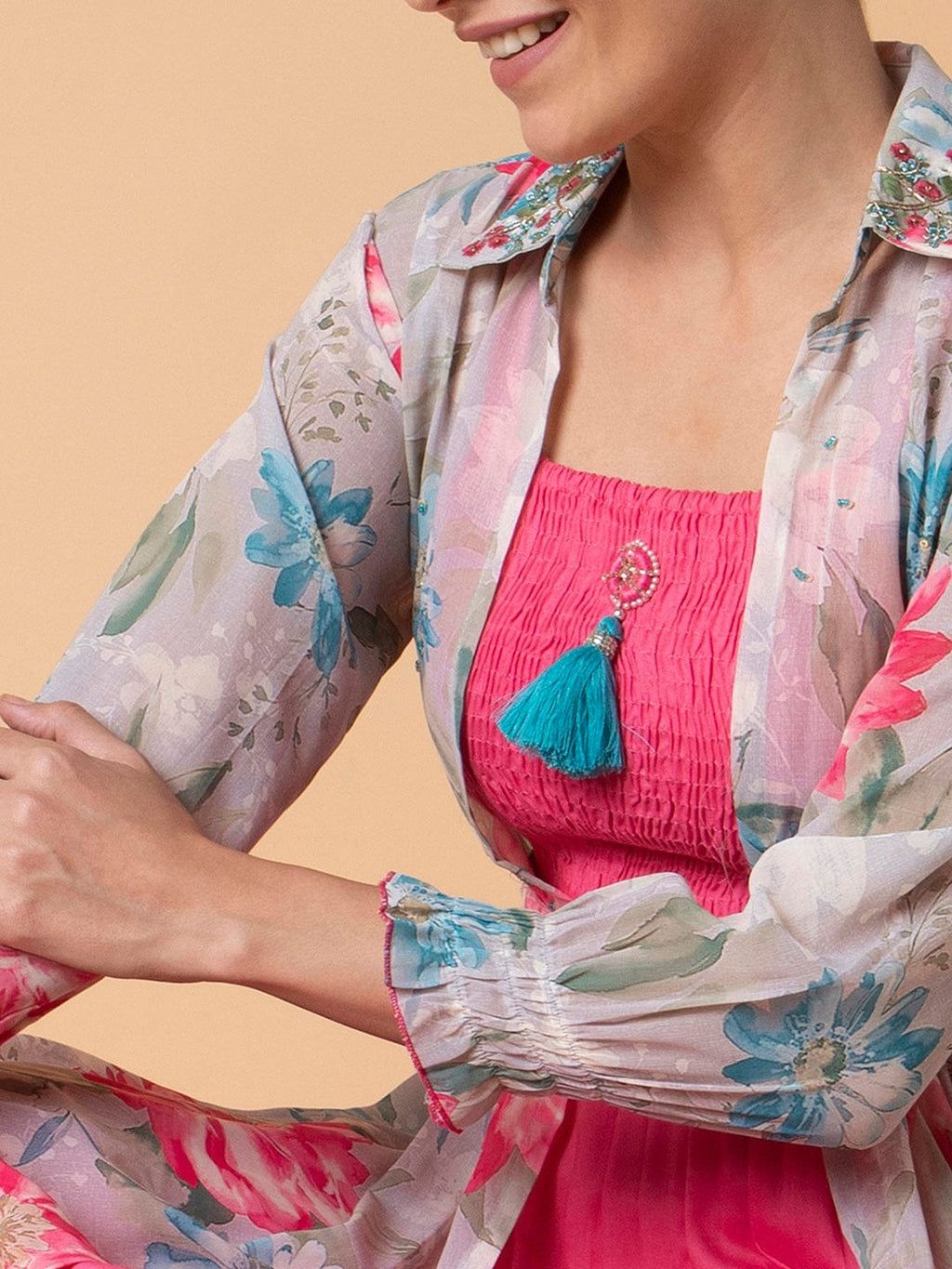 Women's Pink Floral Printed Fit & Flare Midi Dress with Shrug and Belt