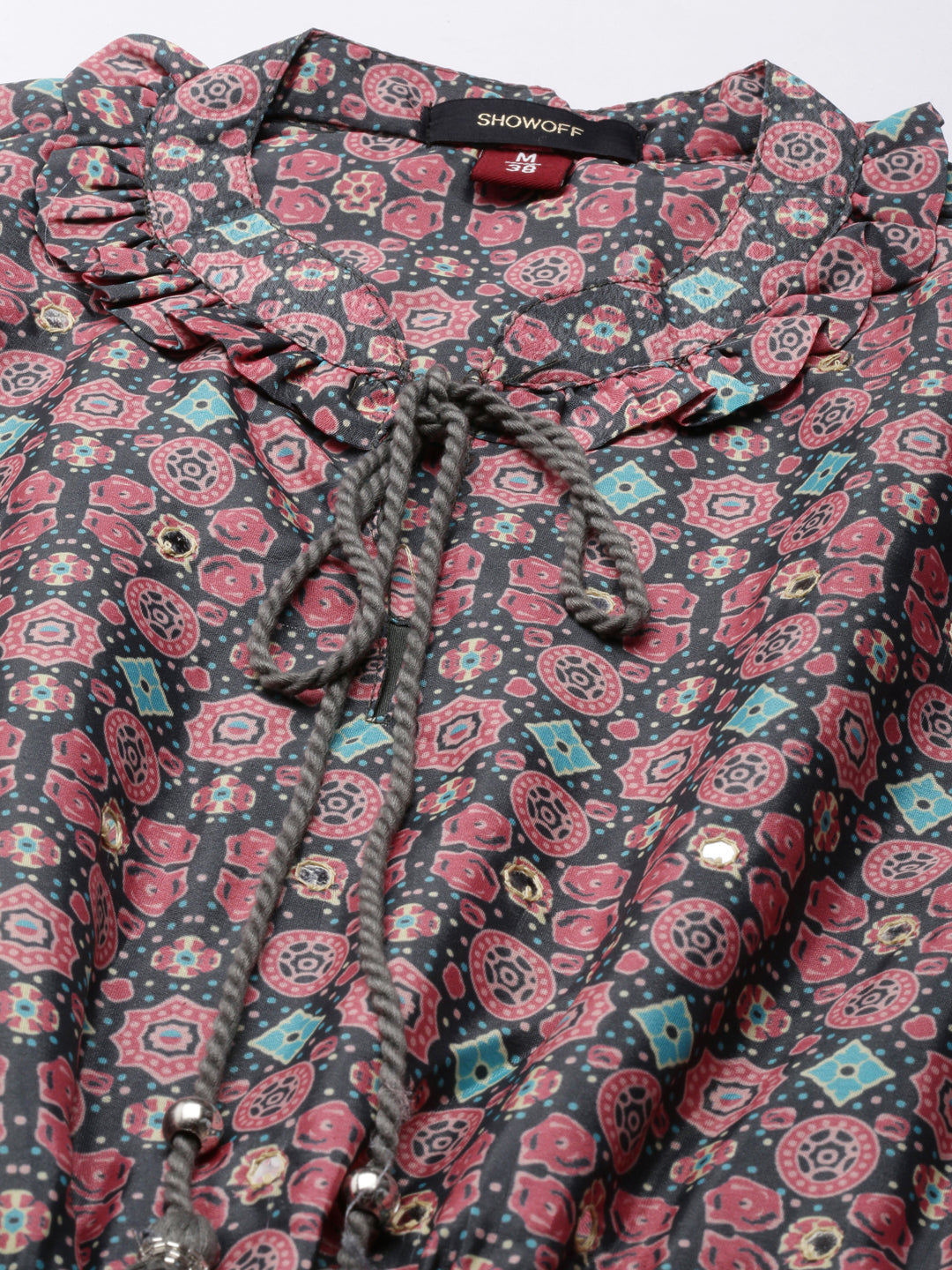 Women's Olive Ethnic Motifs Printed Cuff Sleeve Tie-Up Neck Smocked Fit and Flare Midi Dress