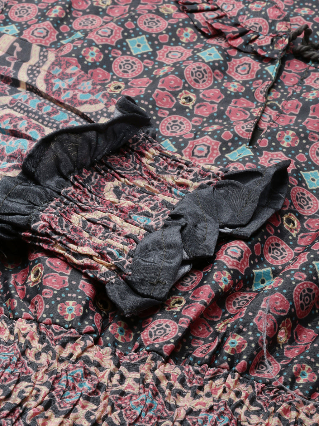 Women's Olive Ethnic Motifs Printed Cuff Sleeve Tie-Up Neck Smocked Fit and Flare Midi Dress